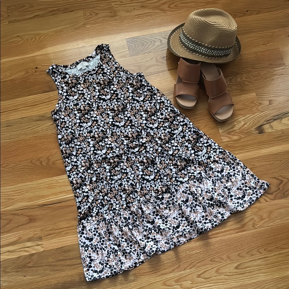 Loft Black and Brown Floral Ruffle Flounce Dress Xs Petite